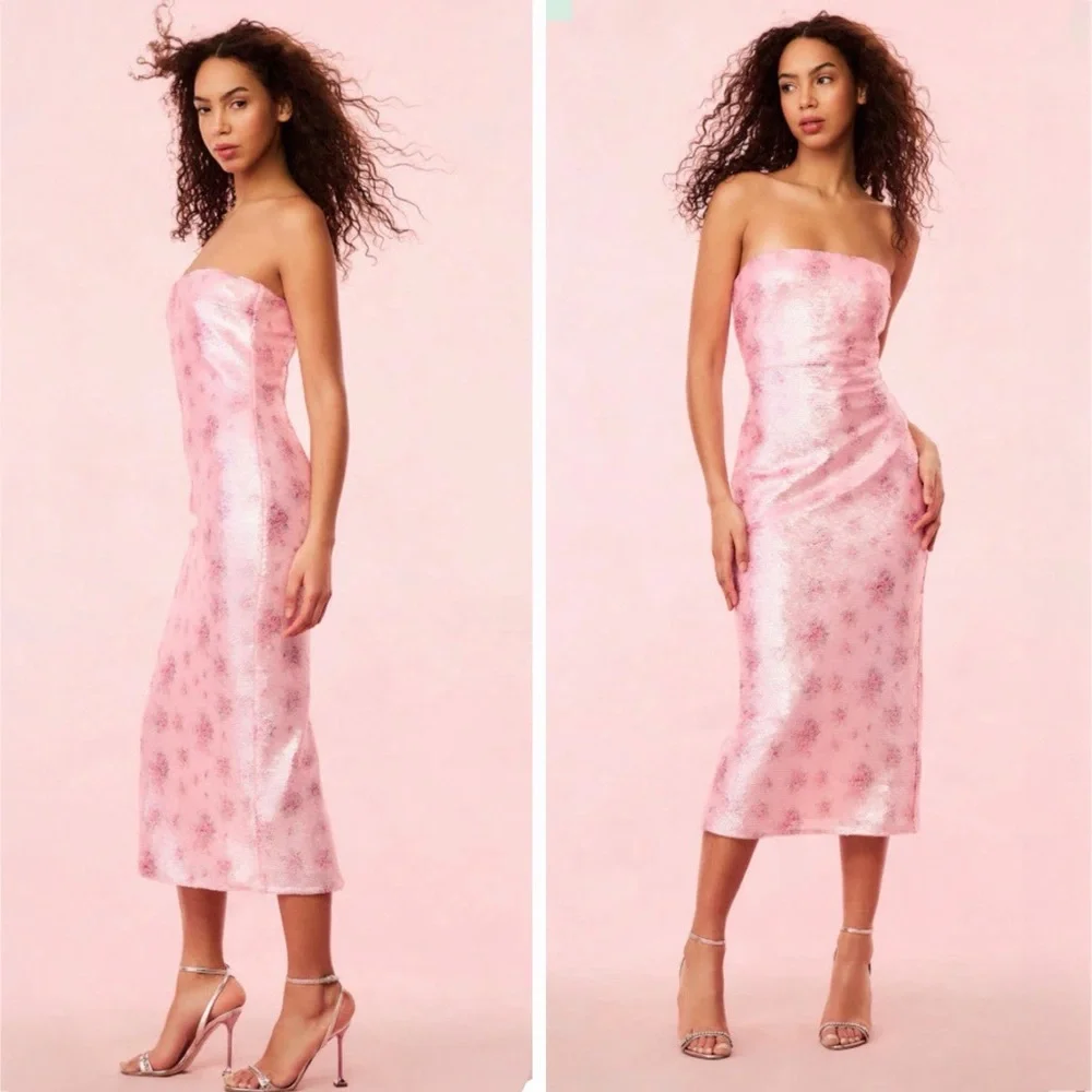 LoveShackFancy Stasia Sequin Floral Strapless Pink Cocktail Midi Dress NEW - Picture 3 of 15